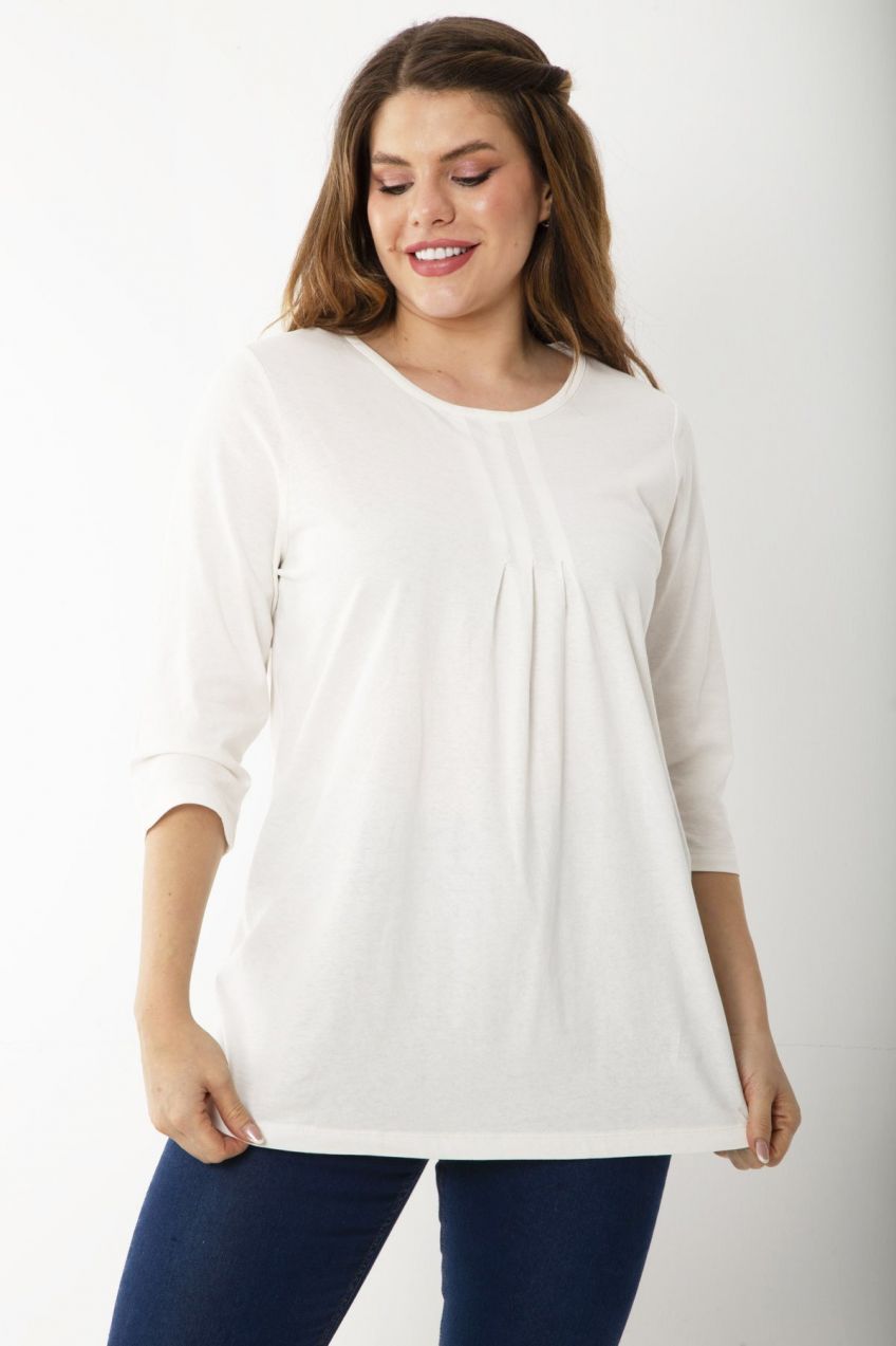 Şans Women's Bone Cotton Fabric Pleat Detailed Capri Sleeve Blouse
