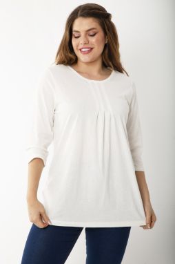 Şans Women's Bone Cotton Fabric Pleat Detailed Capri Sleeve Blouse