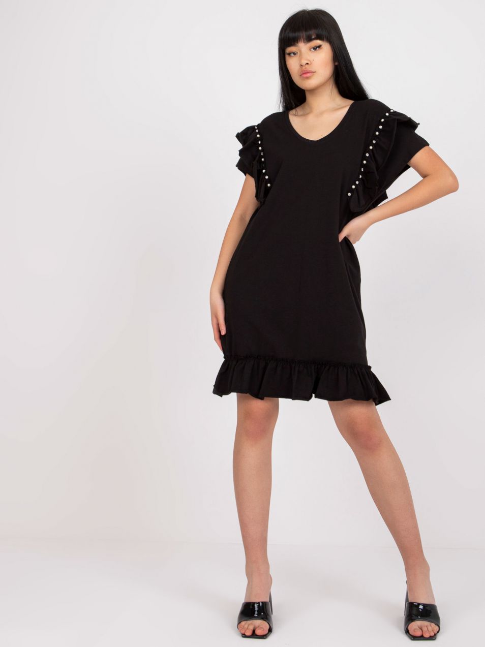 Black cotton casual dress with frill