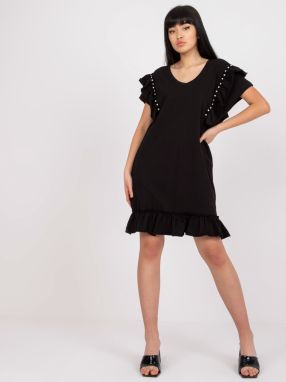 Black cotton casual dress with frill