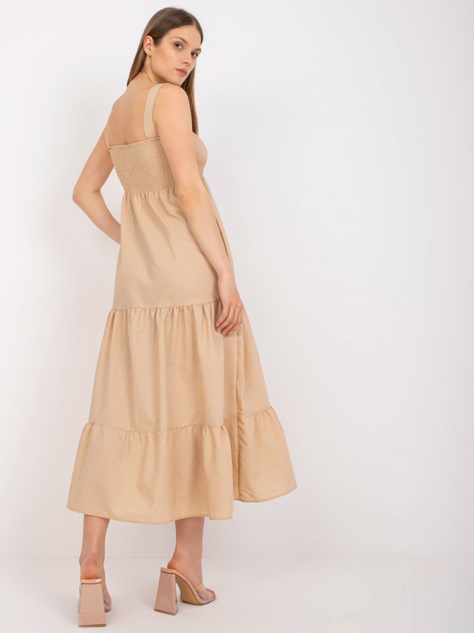 Beige maxi dress RUE PARIS on hangers with frills
