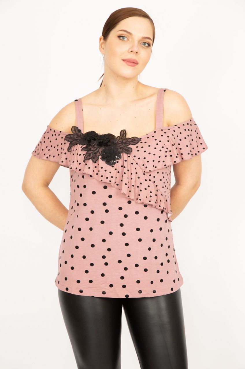 Şans Women's Powder Plus Size Sequin Applique And Flounce Detail Point Patterned Strappy Blouse