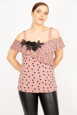 Şans Women's Powder Plus Size Sequin Applique And Flounce Detail Point Patterned Strappy Blouse