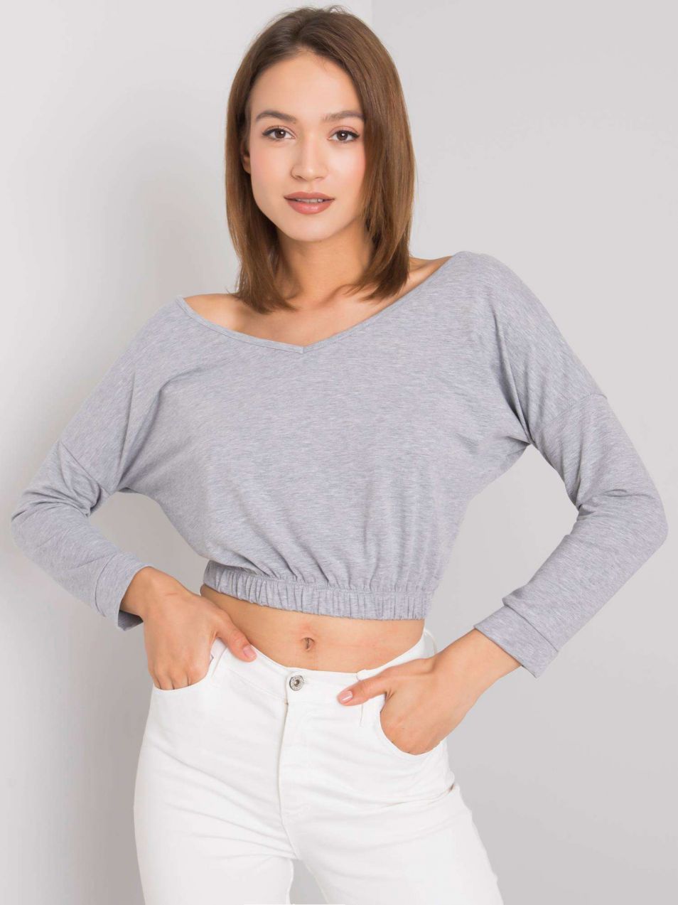 RUE PARIS Grey melange blouse with long sleeves