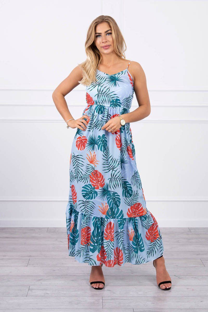 Dress with a motif of leaves of cyan color