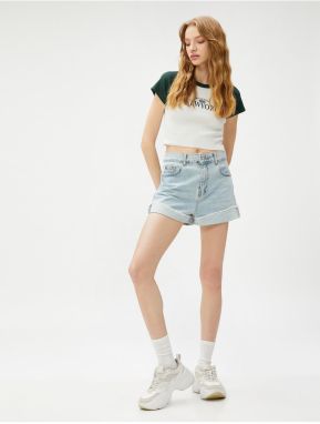 Koton Crop Tričko College Print Krátke Rukávy Okrúhly Výstrih Manšestr