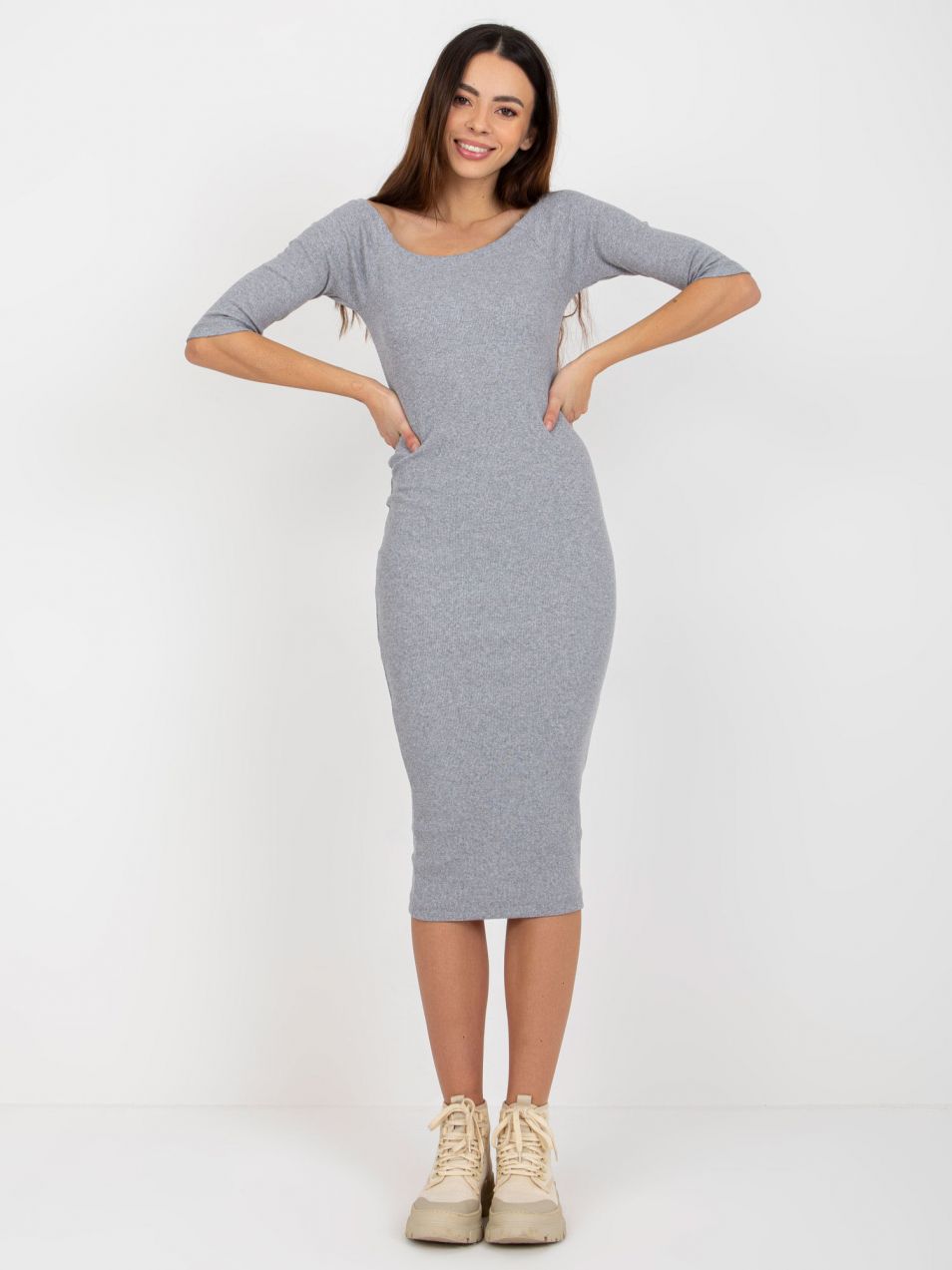 Grey ribbed basic midi dress with 3/4 sleeves