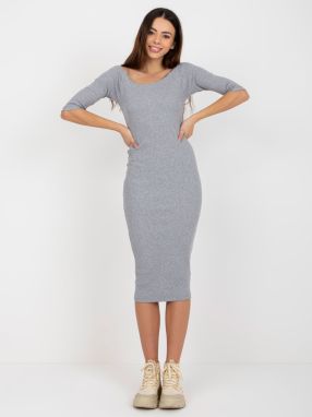 Grey ribbed basic midi dress with 3/4 sleeves