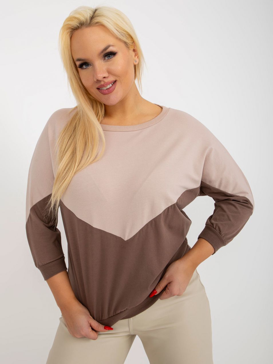 Basic beige and brown cotton blouse plus size