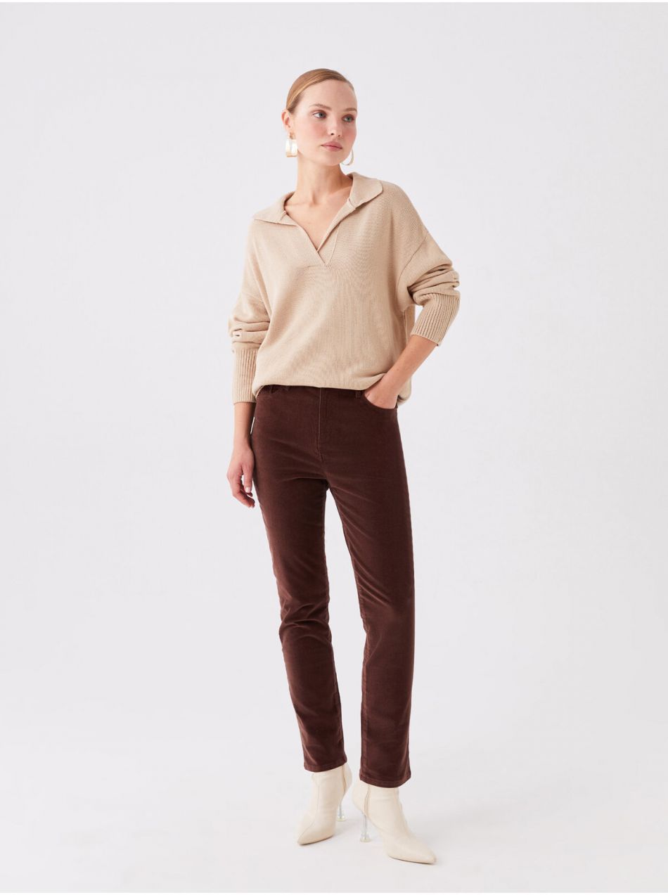 LC Waikiki Dámske nohavice normálneho pása slim fit rovné zamatové nohavice