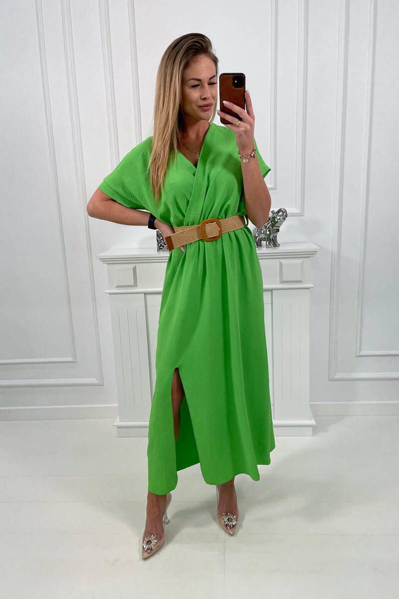 Long dress with a decorative belt of light green color