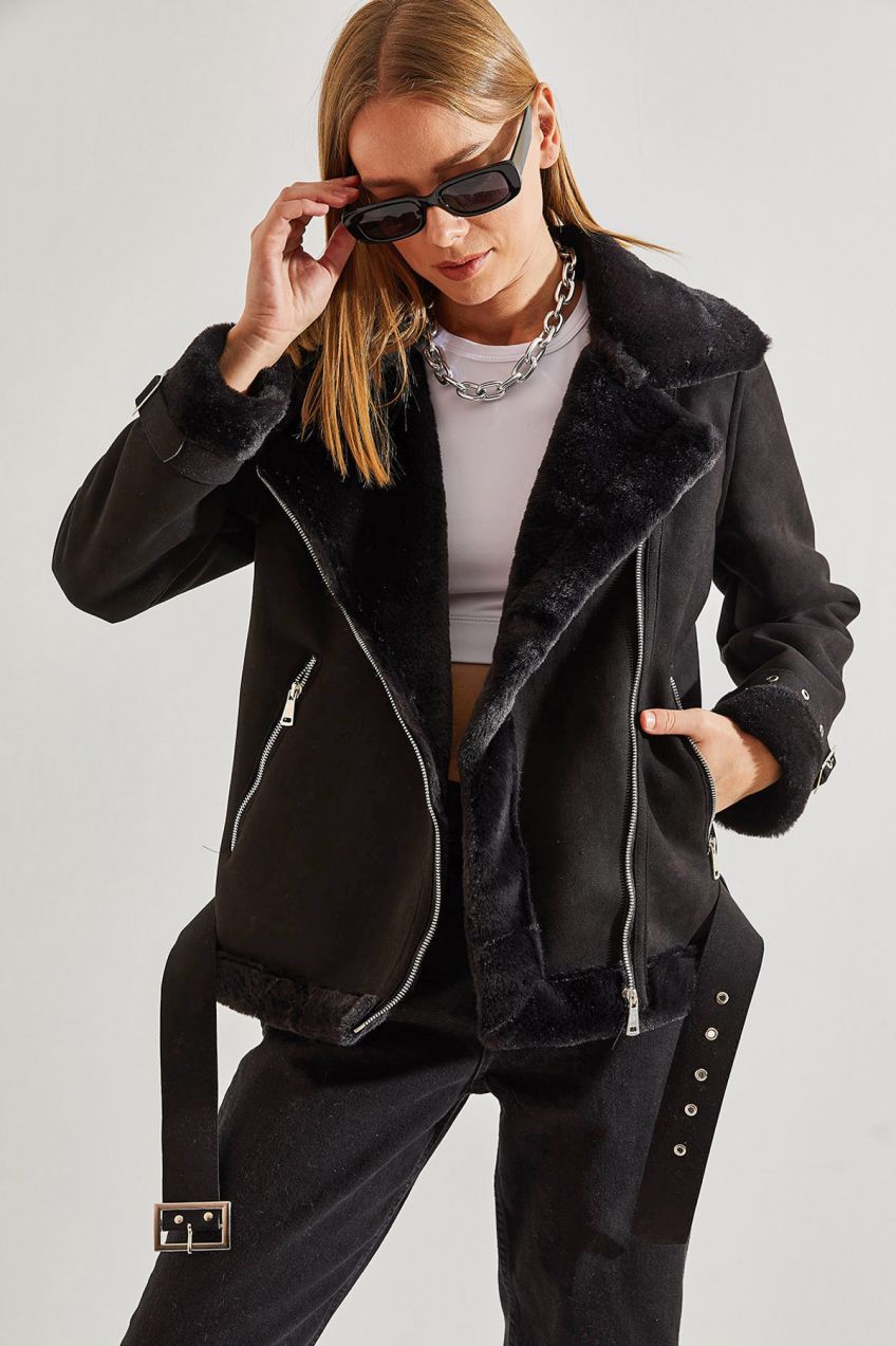 Bianco Lucci Women's Belted Laminated Suede Coat with Shearling Sleeves and Sheaths