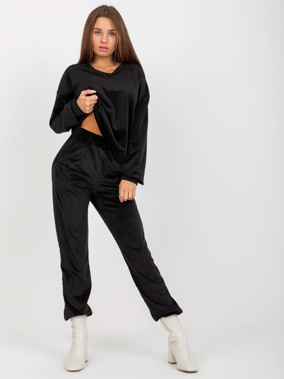 Black plain velour blouse RUE PARIS with neckline
