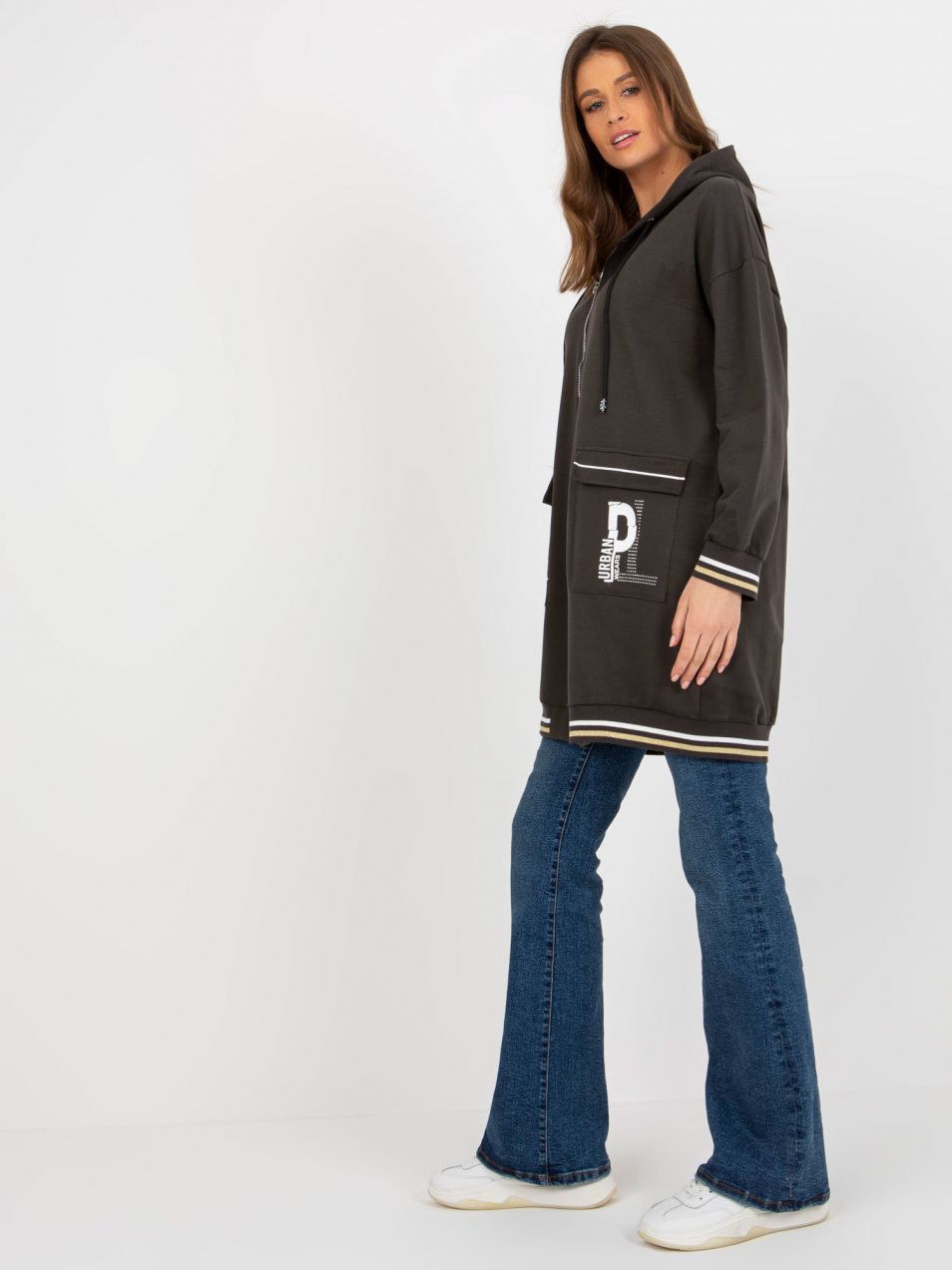 Khaki long zippered sweatshirt with app and inscriptions