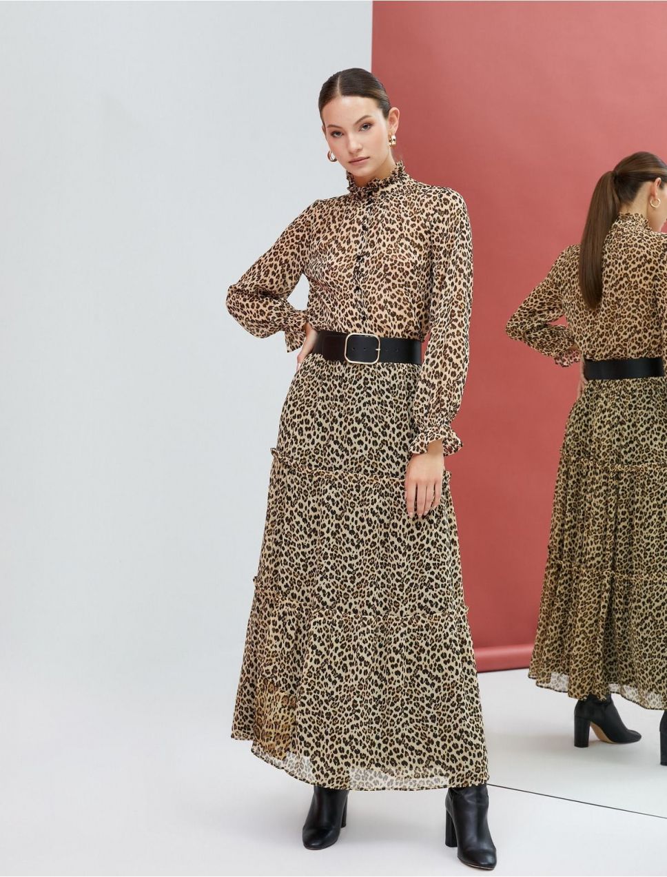Koton Leopard vzorovaná košeľa šifón dlhé rukávy volánový stojaci golier