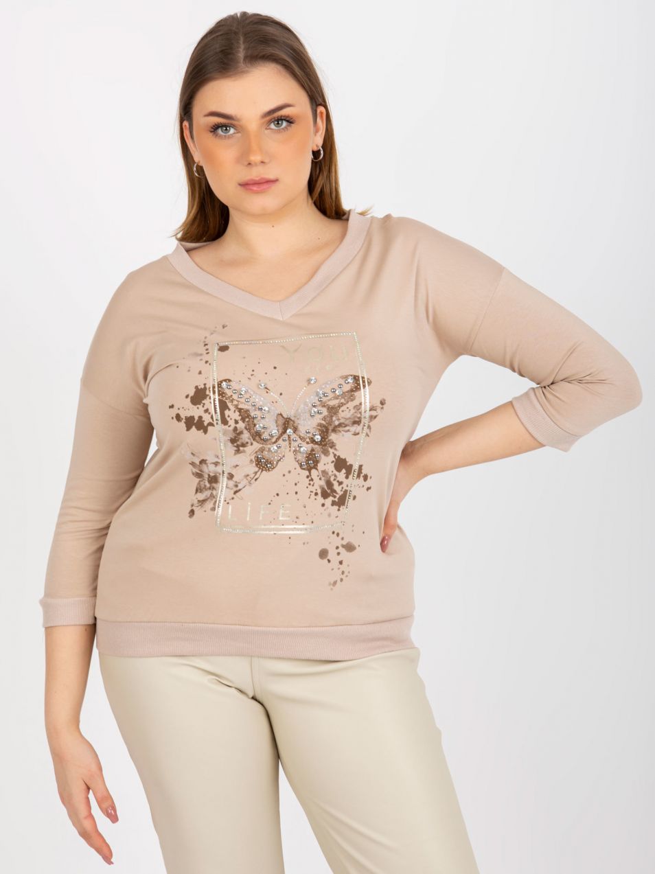 Beige blouse with application plus sizes up to V