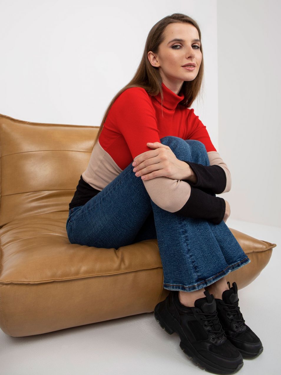 Red-black ribbed turtleneck blouse