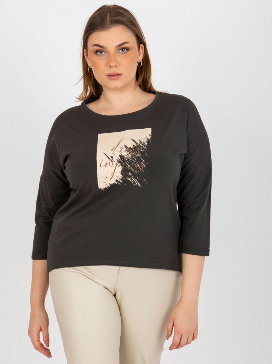 Blouse with 3/4 sleeves with print in khaki size plus