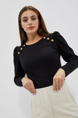 Ribbed knitted blouse with puffed sleeves - black