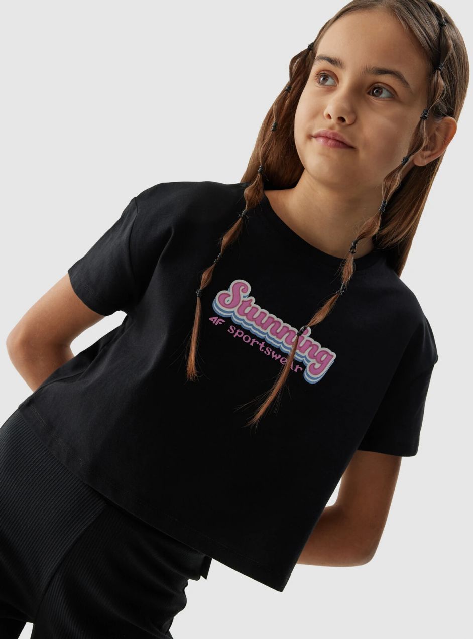 4F Organic Cotton Crop Top T-Shirt for Girls - Black