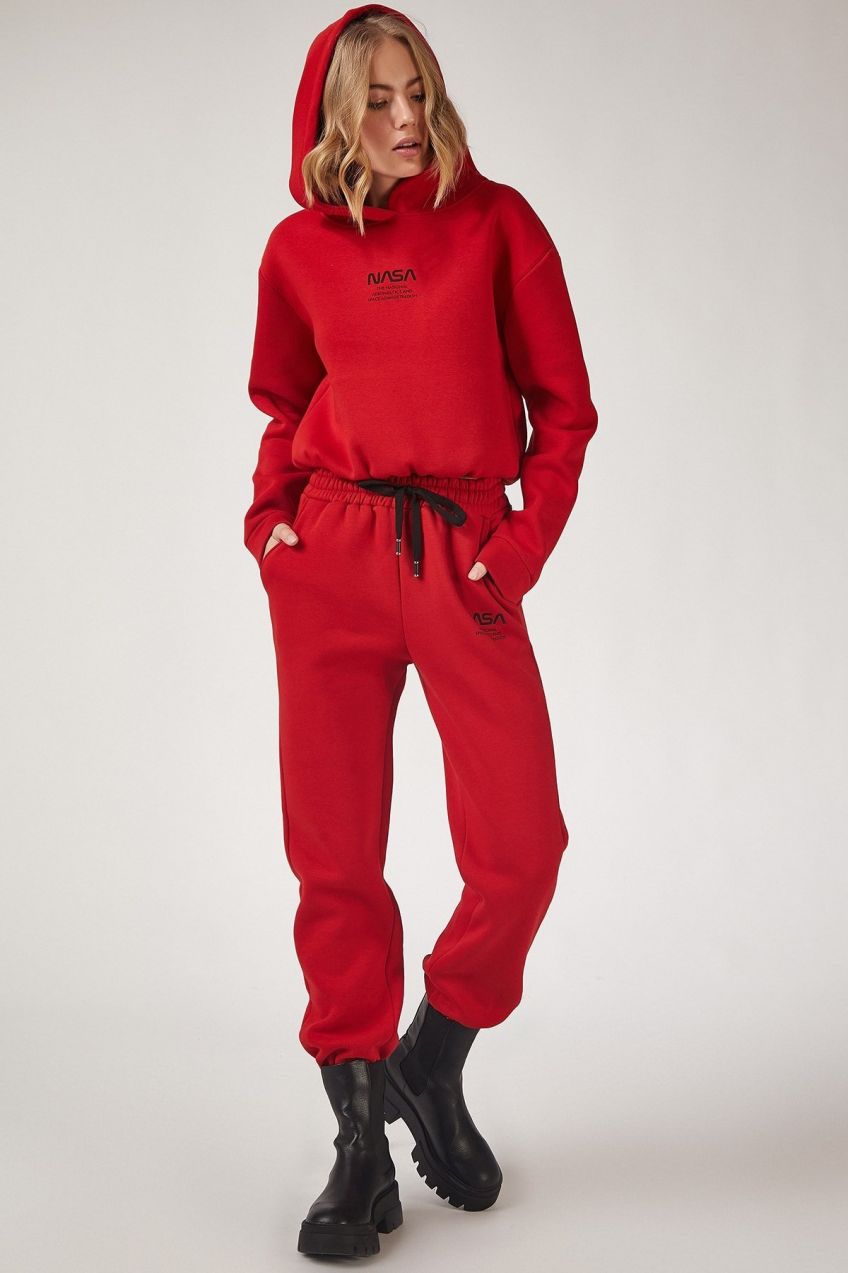 Happiness İstanbul Women's Red Nasa Printed Fleece Tracksuit