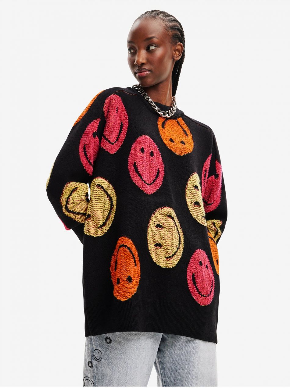 Čierny dámsky vzorovaný oversize sveter Desigual Smiley