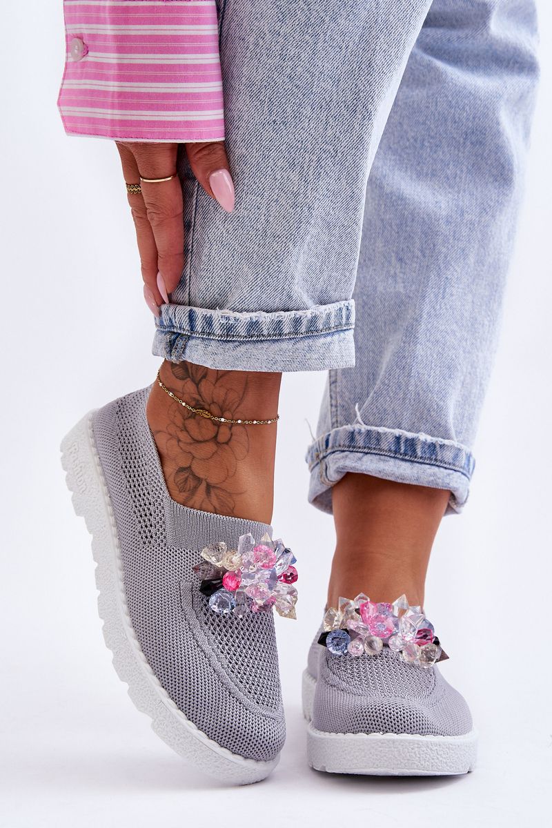 Womens Slip-on Sneakers with Stones Grey Simple