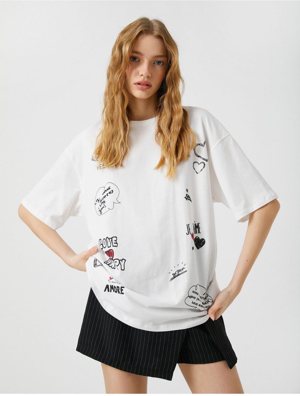 Koton Oversize T-Shirt Printed Crew Neck Short Sleeve Cotton