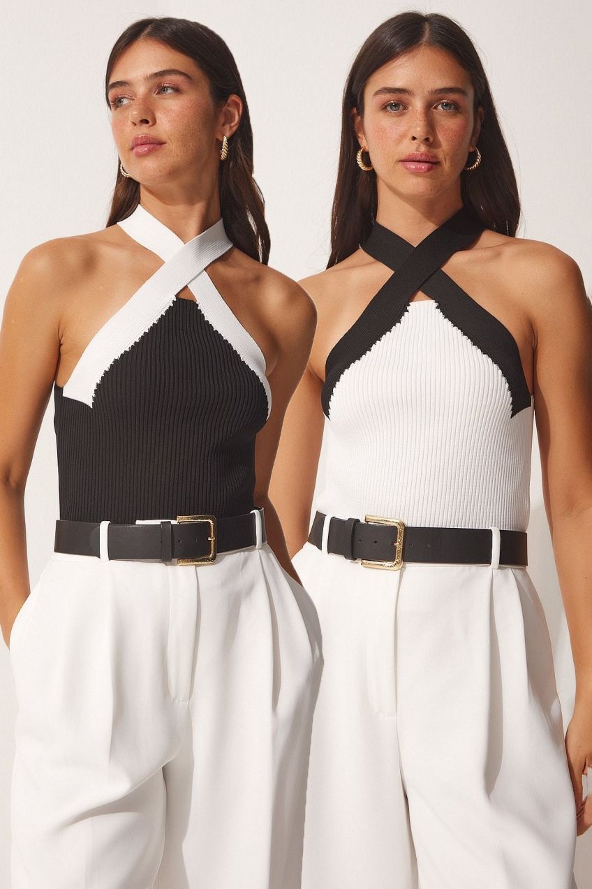 Happiness İstanbul Women's Black White Halter Neck 2 Pack Crop Knitwear Blouse
