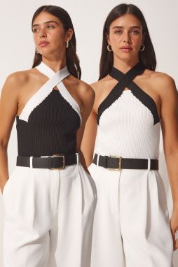 Happiness İstanbul Women's Black White Halter Neck 2 Pack Crop Knitwear Blouse