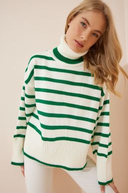 Happiness İstanbul Women's Bone Green Striped Turtleneck Oversize Knitwear Sweater