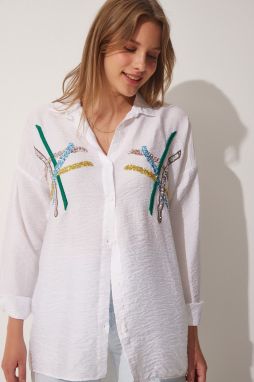 Happiness İstanbul Women's White Sequined Oversize Ayrobin Shirt