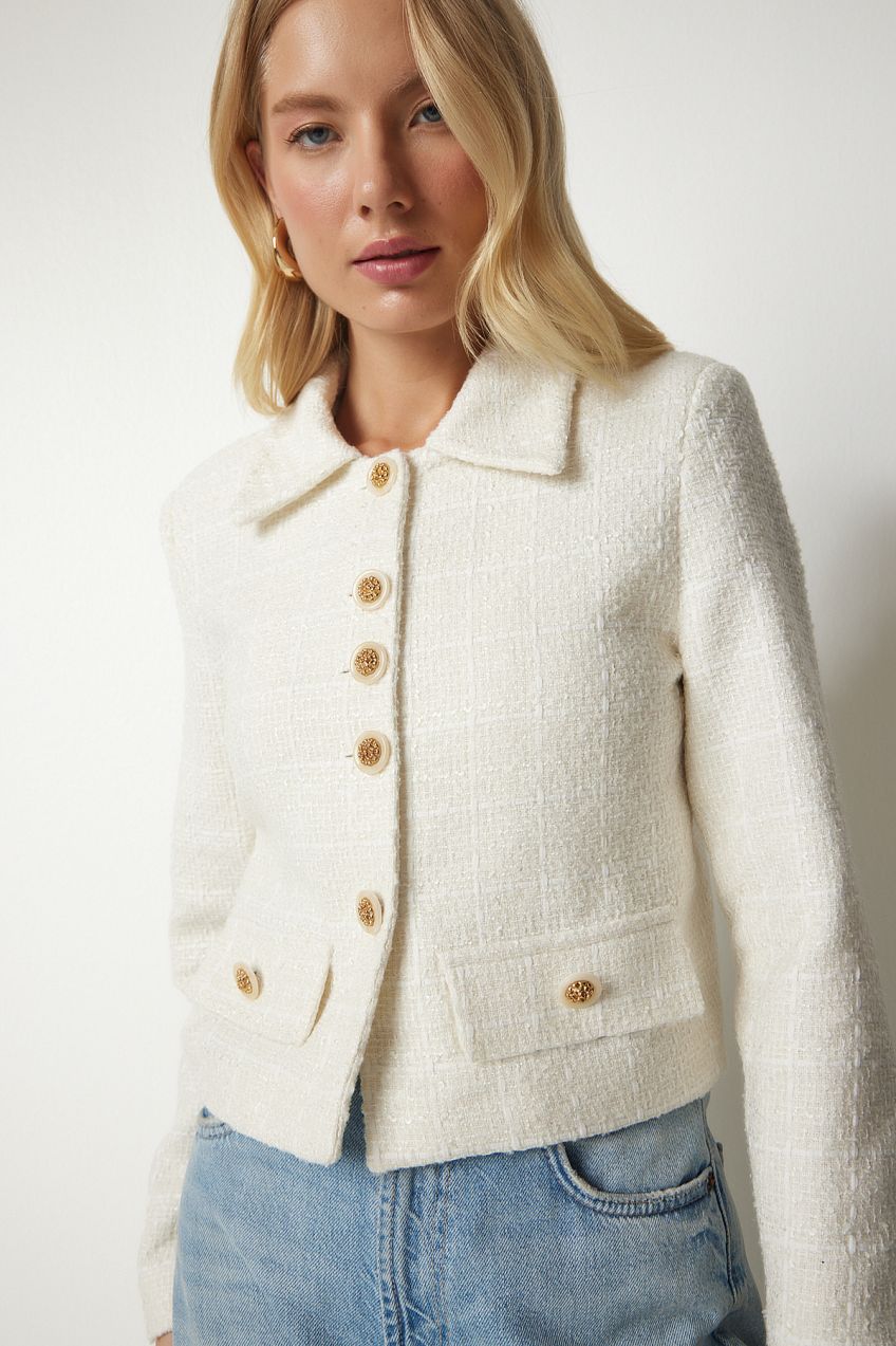 Šťastie İstanbul Dámsky Krém Štýlový Gombík Detailná Tweed Crop Bunda