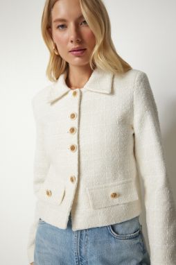 Šťastie İstanbul Dámsky Krém Štýlový Gombík Detailná Tweed Crop Bunda