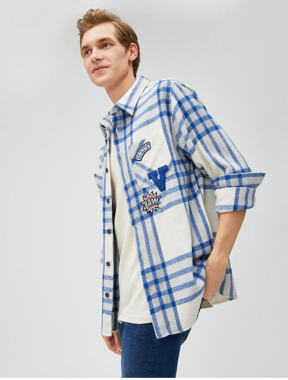 Koton Plaid College Shirt Jacket Embroidered Pocket Detailed Classic Collar