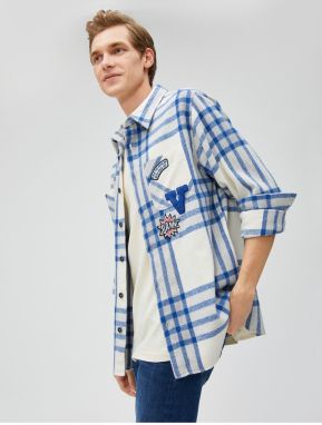 Koton Plaid College Shirt Jacket Embroidered Pocket Detailed Classic Collar