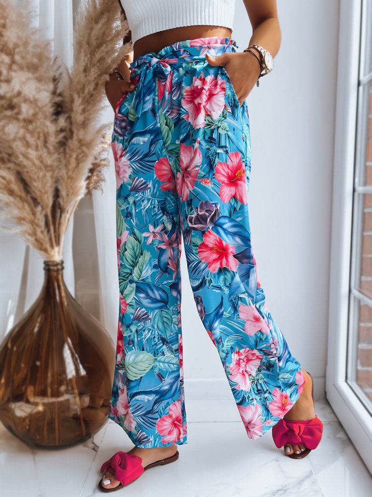 Patterned women's trousers FLOWER EXPLOSION turquoise Dstreet