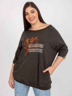 Khaki size plus blouse with print and rhinestones