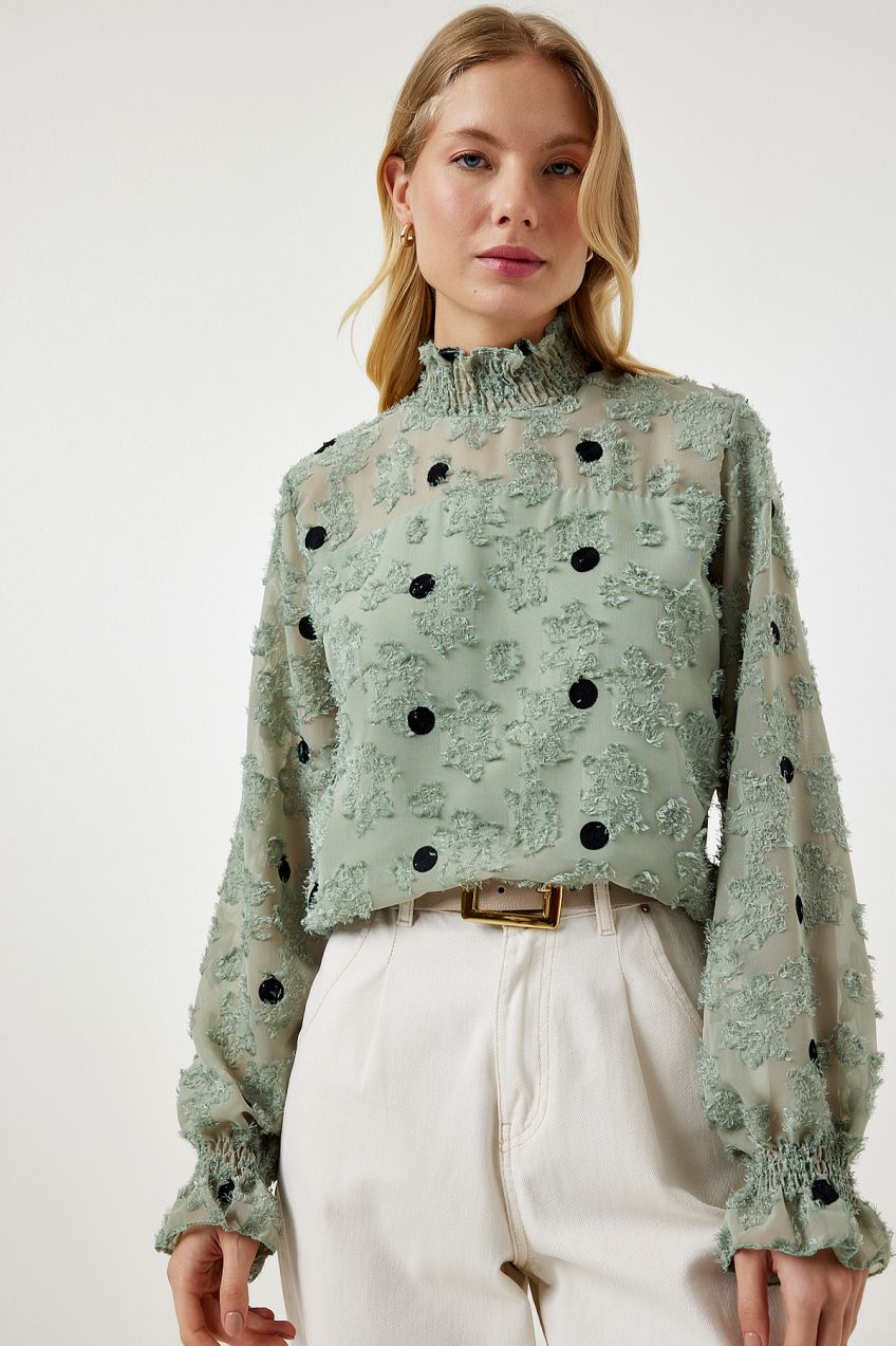 Happiness İstanbul Women's Almond Green Marked Polka Dot Woven Blouse