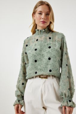 Happiness İstanbul Women's Almond Green Marked Polka Dot Woven Blouse
