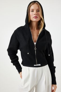 Happiness İstanbul Women's Black Hooded Zipper Knitwear Cardigan