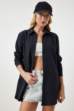 Happiness İstanbul Women's Black Slit Poplin Boyfriend Shirt
