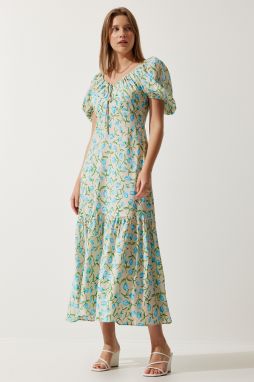 Happiness İstanbul Women's Beige Blue Patterned Balloon Sleeve Summer Viscose Dress