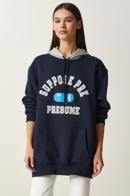 Happiness İstanbul Women's Navy Blue Hooded Rayon Printed Sweatshirt
