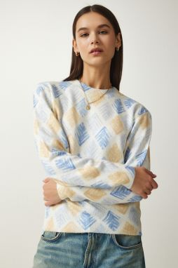 Happiness İstanbul Women's Yellow Blue Patterned Soft Textured Knitwear Sweater