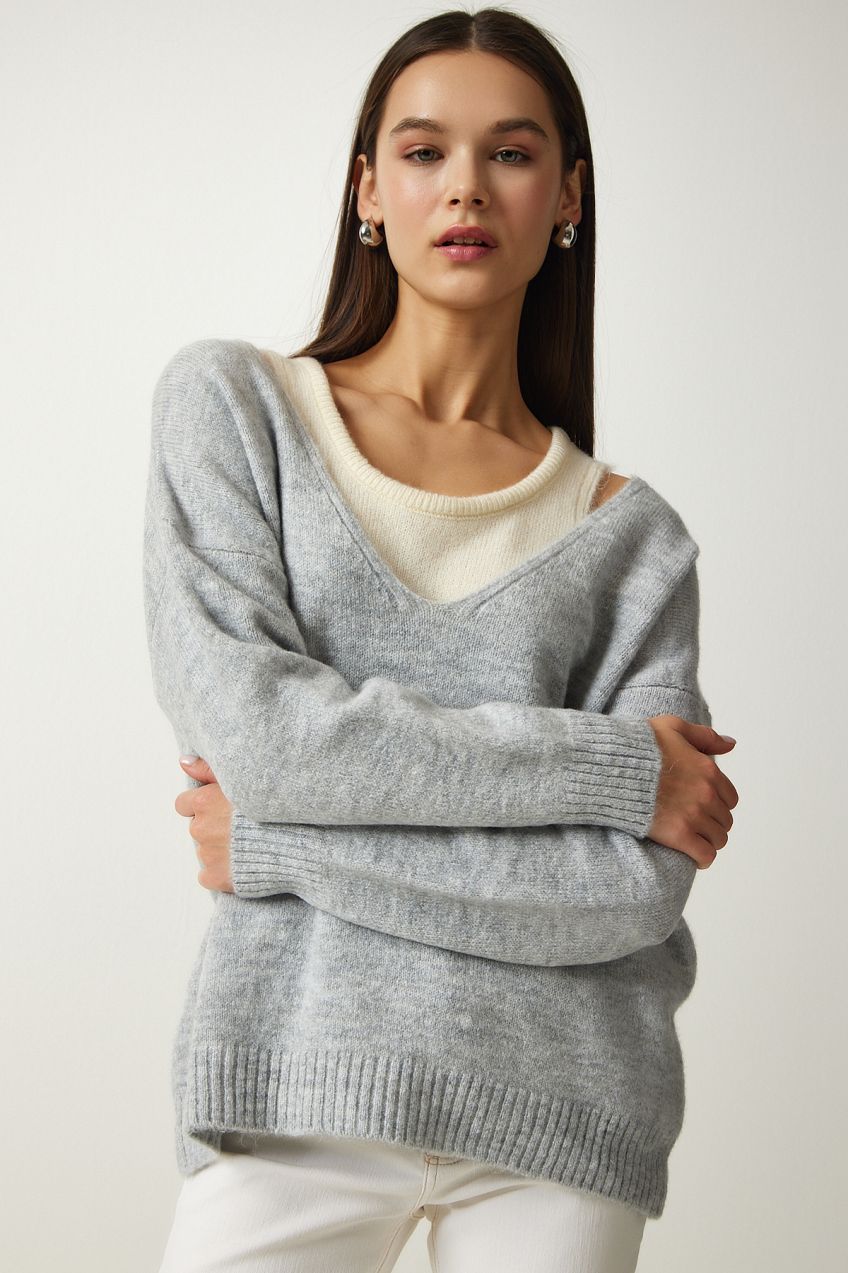 Happiness İstanbul Women's Gray Shirt Soft Textured Double Knitwear Sweater