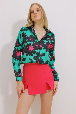Trend Alaçatı Stili Women's Green Basic Patterned Woven Shirt