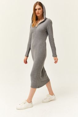 Olalook Women's Smoky Zippered Hooded Pocket Thick Ribbed Midi Dress