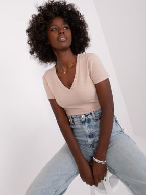 Beige basic women's blouse with short sleeves