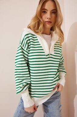 Šťastie İstanbul Dámska Kosť Zelený pruhovaný Zips Golier Oversized úplet Sveter